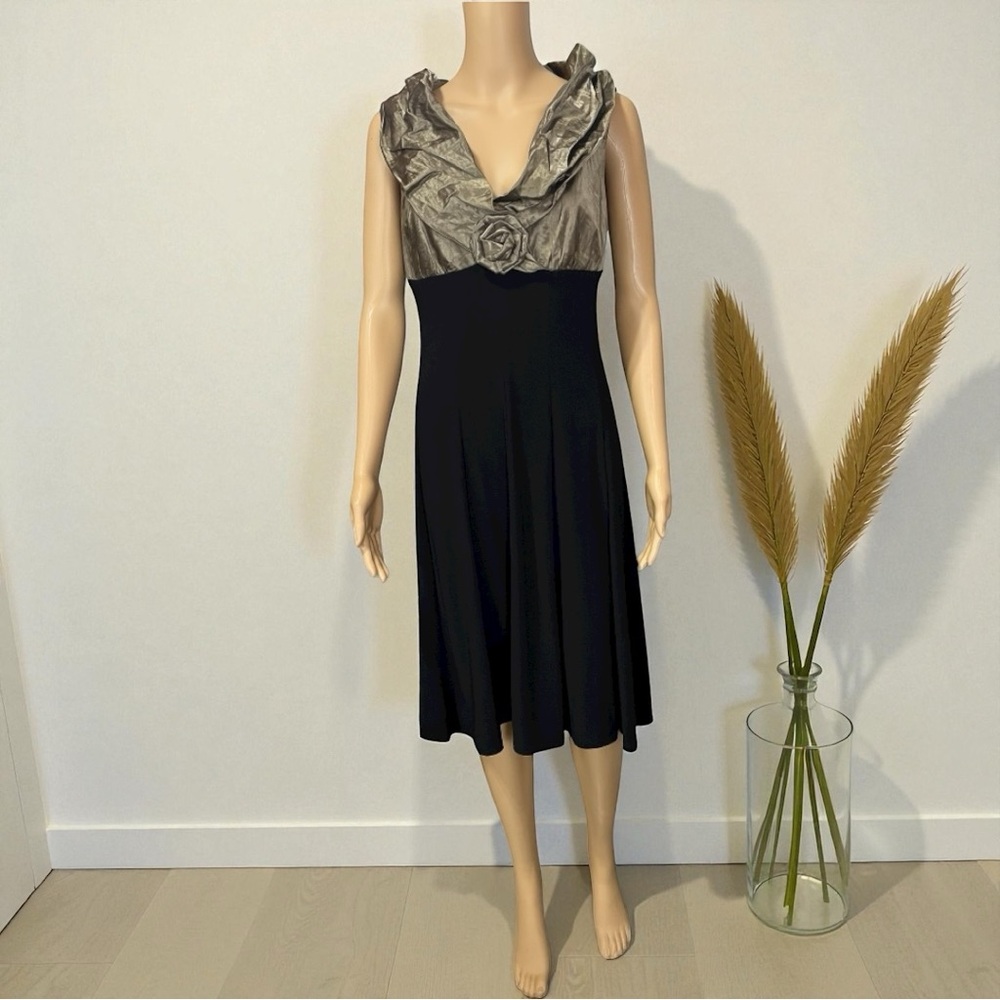 Joseph Ribkoff Black & Gold Rosette Fit & Flare Evening Dress Size 8